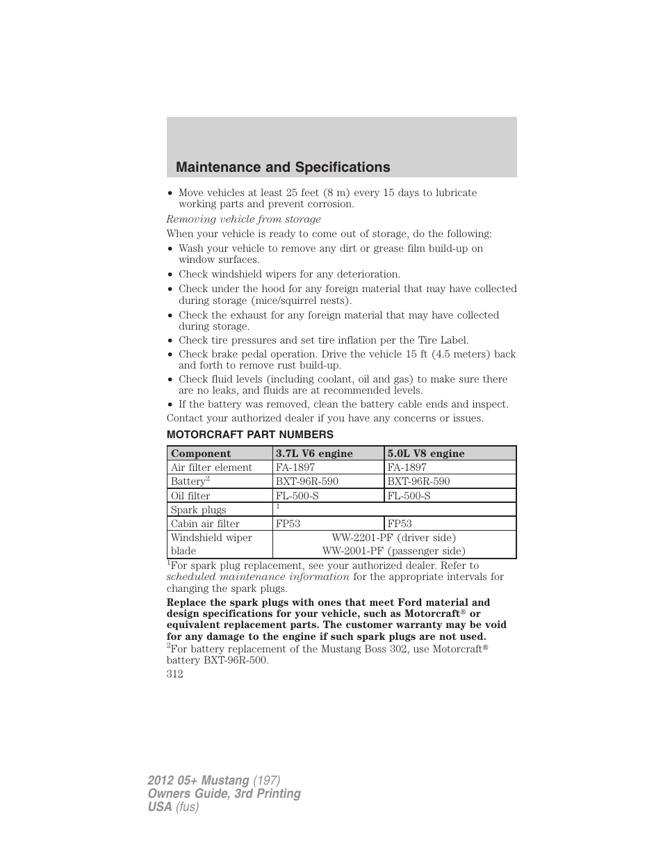 Motorcraft part numbers, Part numbers, Maintenance and specifications | FORD 2012 Shelby GT 500 v.3 User Manual | Page 312 / 350