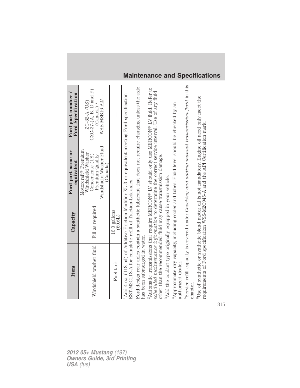 Maintenance and specifications | FORD 2012 Shelby GT 500 v.3 User Manual | Page 315 / 350