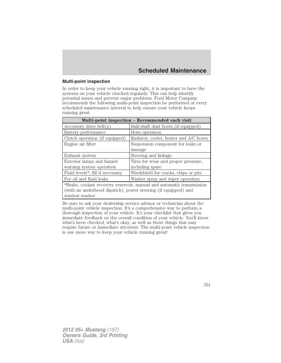 Multi-point inspection, Scheduled maintenance | FORD 2012 Shelby GT 500 v.3 User Manual | Page 331 / 350