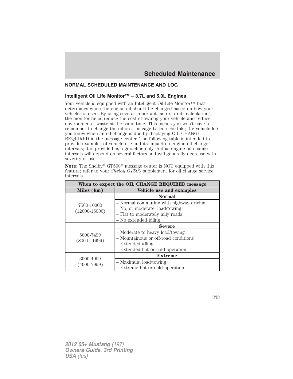 Normal scheduled maintenance and log, Scheduled maintenance | FORD 2012 Shelby GT 500 v.3 User Manual | Page 333 / 350