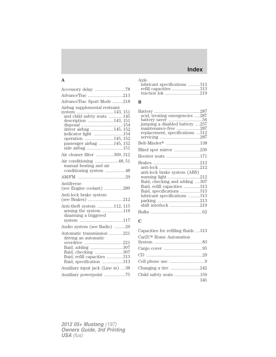 Index | FORD 2012 Shelby GT 500 v.3 User Manual | Page 345 / 350