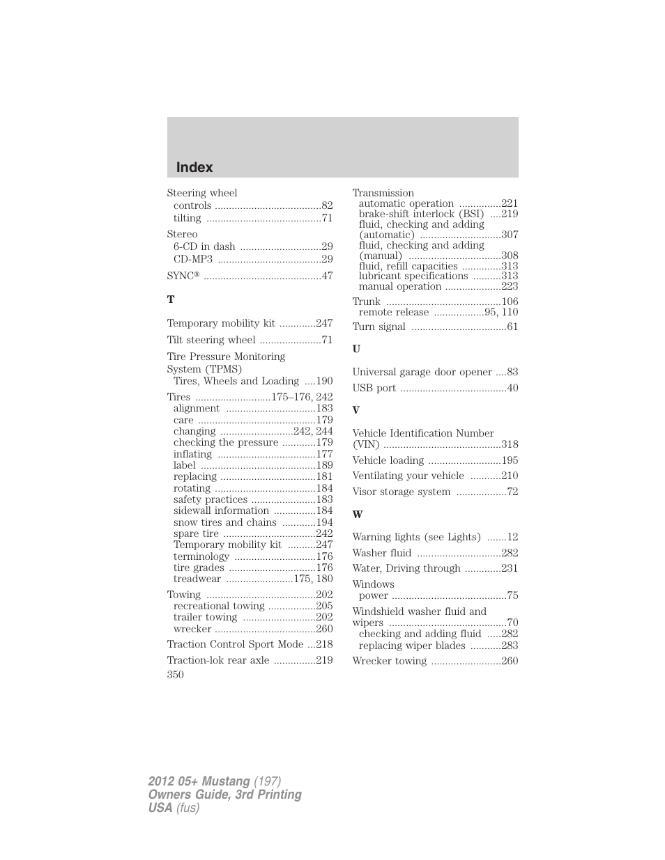 Index | FORD 2012 Shelby GT 500 v.3 User Manual | Page 350 / 350