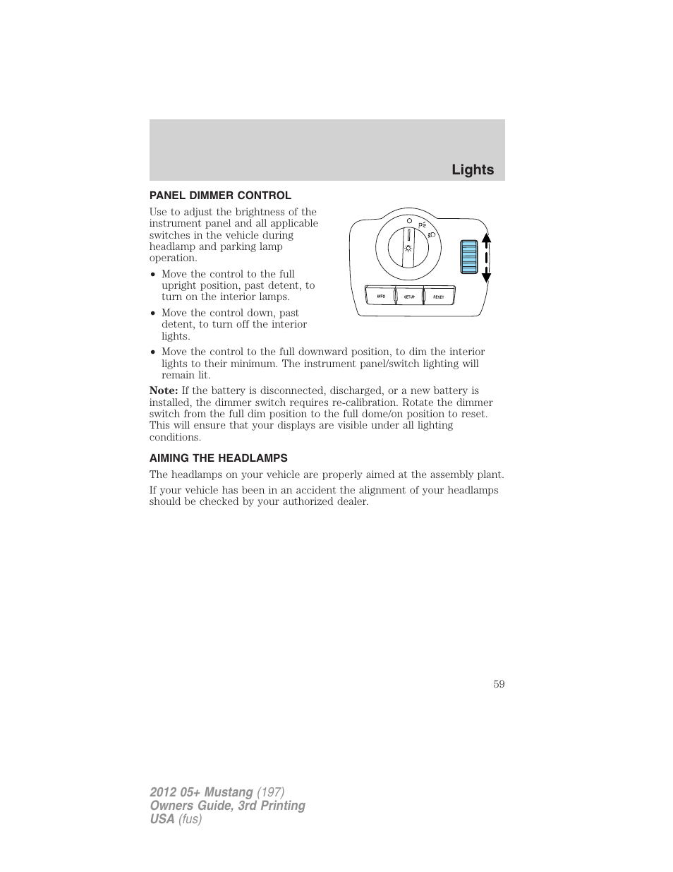 Panel dimmer control, Aiming the headlamps, Lights | FORD 2012 Shelby GT 500 v.3 User Manual | Page 59 / 350