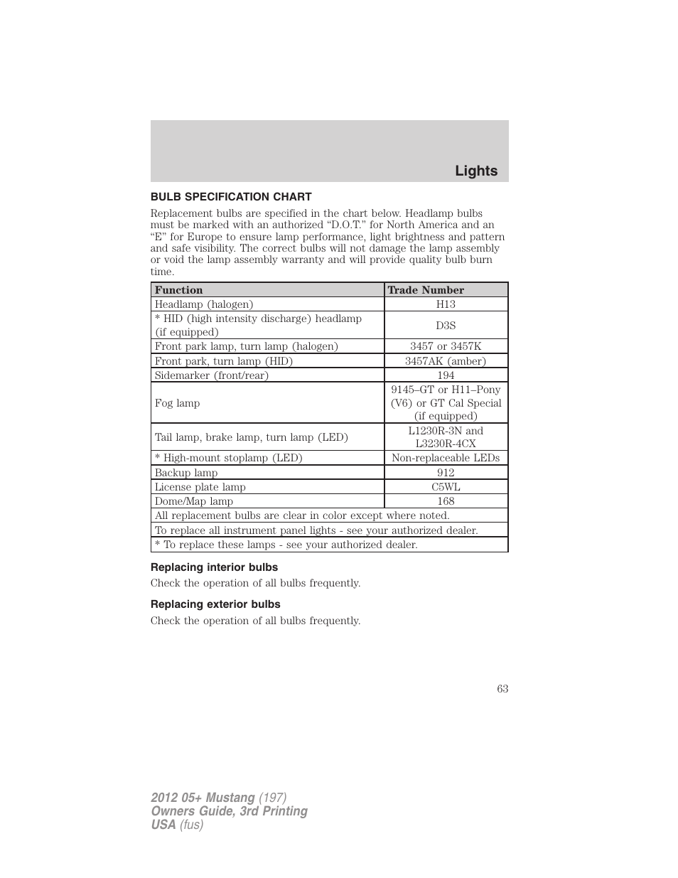 Bulb specification chart, Replacing interior bulbs, Replacing exterior bulbs | Lights | FORD 2012 Shelby GT 500 v.3 User Manual | Page 63 / 350