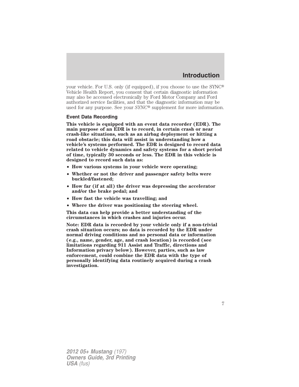 Event data recording, Introduction | FORD 2012 Shelby GT 500 v.3 User Manual | Page 7 / 350