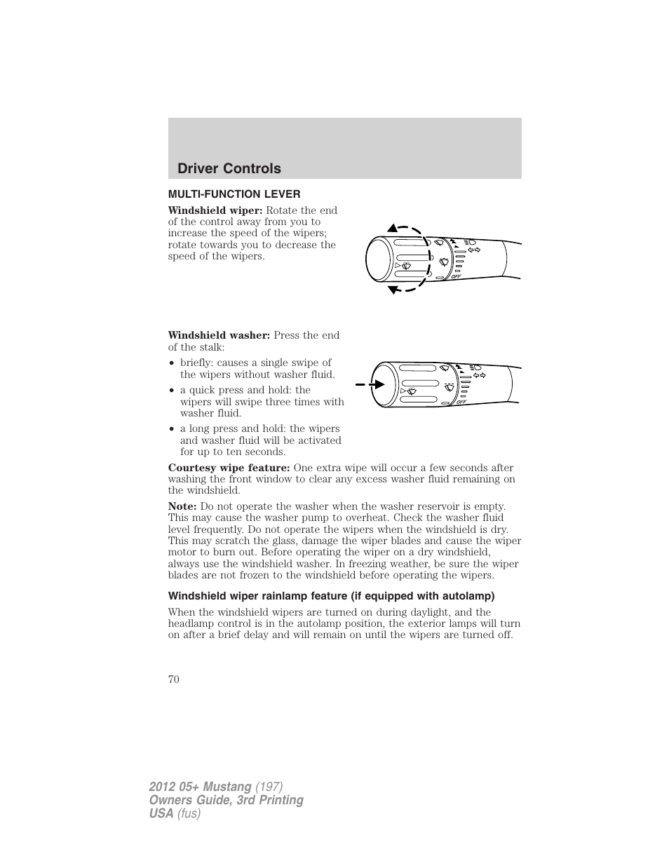 Driver controls, Multi-function lever, Windshield wiper/washer control | FORD 2012 Shelby GT 500 v.3 User Manual | Page 70 / 350