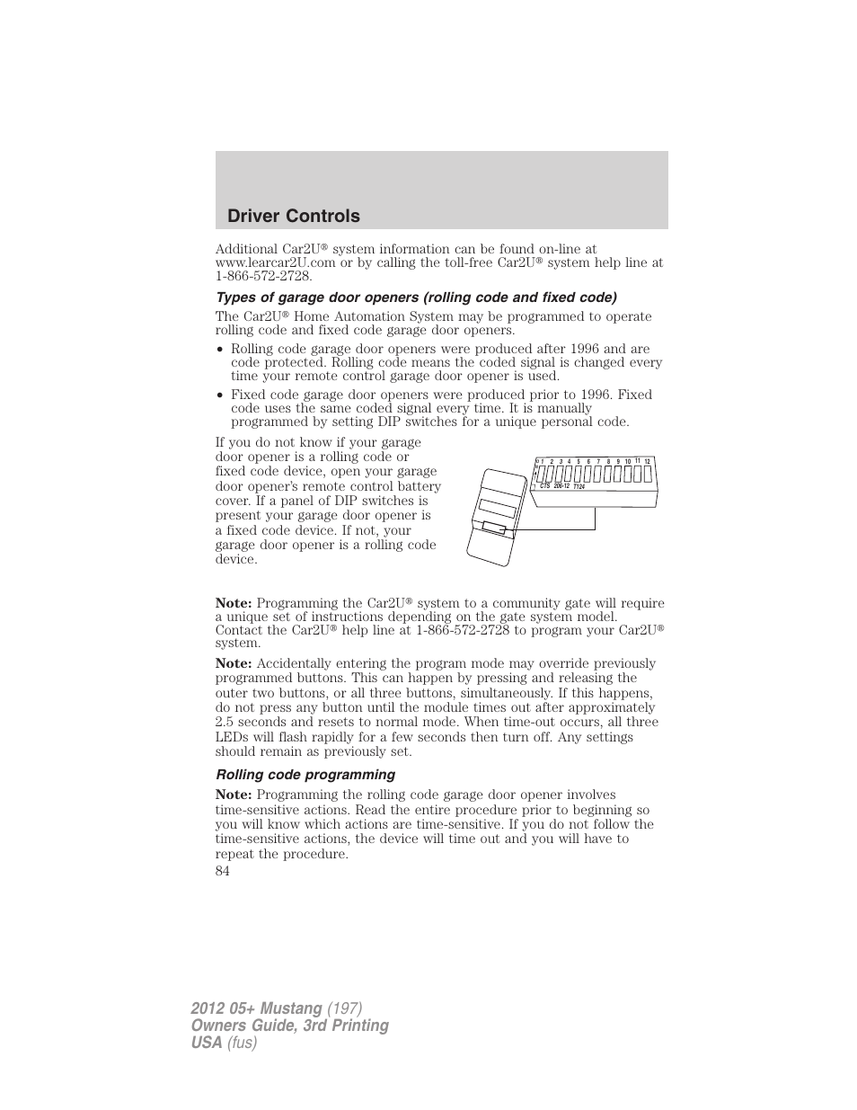 Rolling code programming, Driver controls | FORD 2012 Shelby GT 500 v.3 User Manual | Page 84 / 350