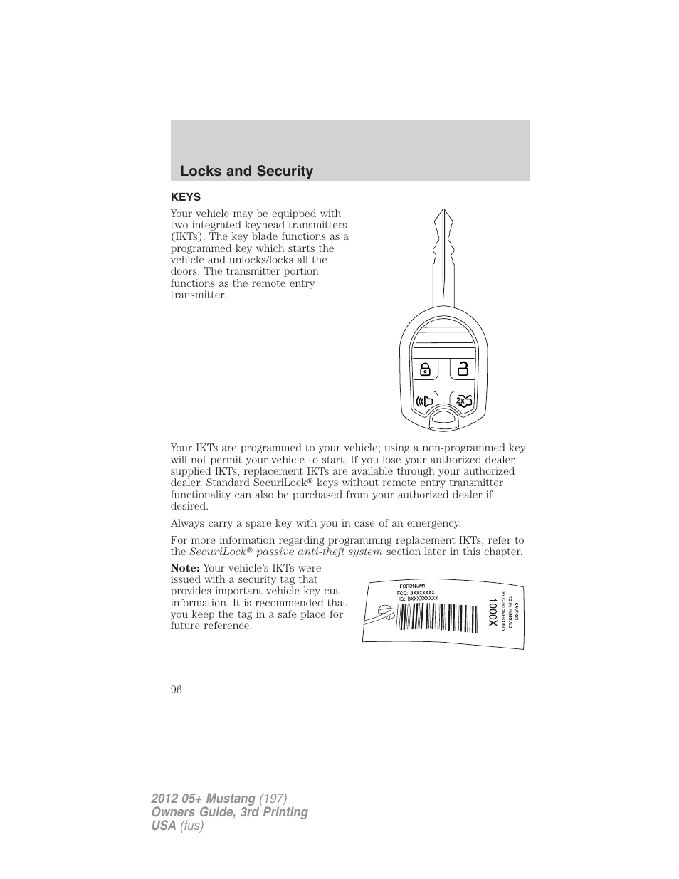 Locks and security, Keys | FORD 2012 Shelby GT 500 v.3 User Manual | Page 96 / 350