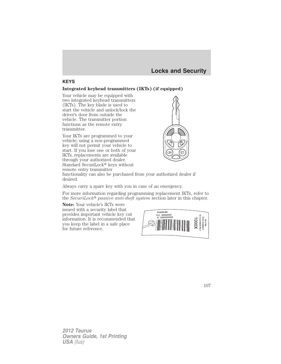 Locks and security, Keys | FORD 2012 Taurus v.1 User Manual | Page 107 / 406