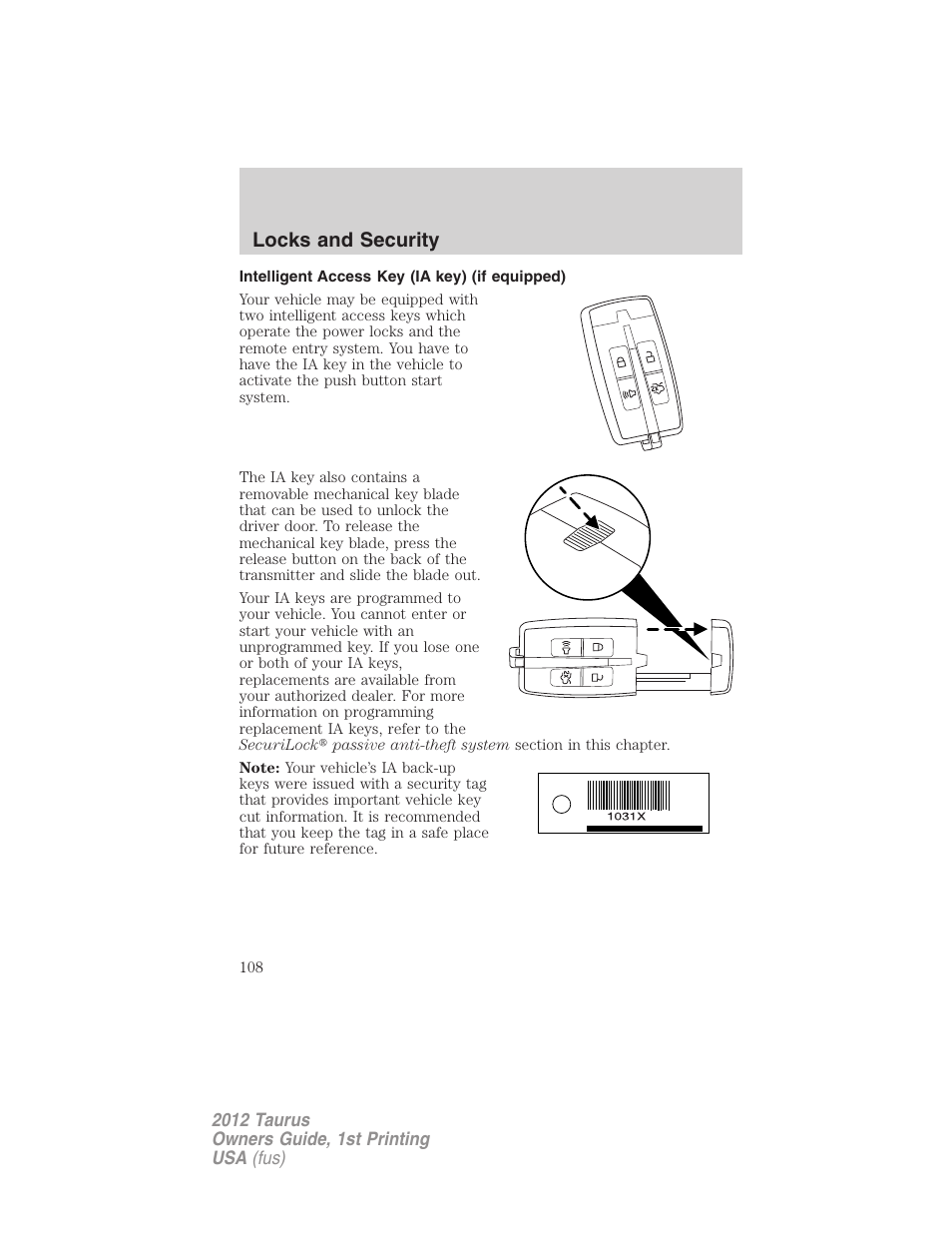 Intelligent access key (ia key) (if equipped), Locks and security | FORD 2012 Taurus v.1 User Manual | Page 108 / 406