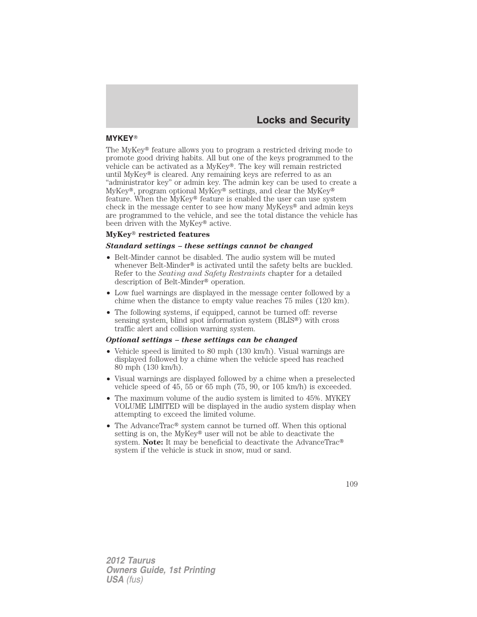 Mykey, Locks and security | FORD 2012 Taurus v.1 User Manual | Page 109 / 406