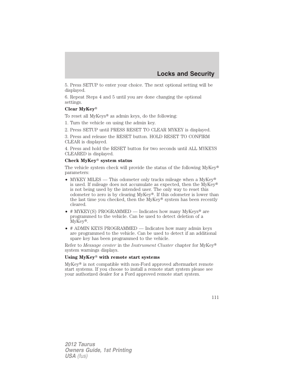 Locks and security | FORD 2012 Taurus v.1 User Manual | Page 111 / 406