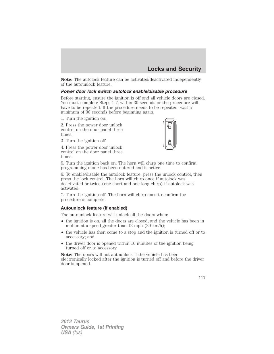 Autounlock feature (if enabled), Locks and security | FORD 2012 Taurus v.1 User Manual | Page 117 / 406