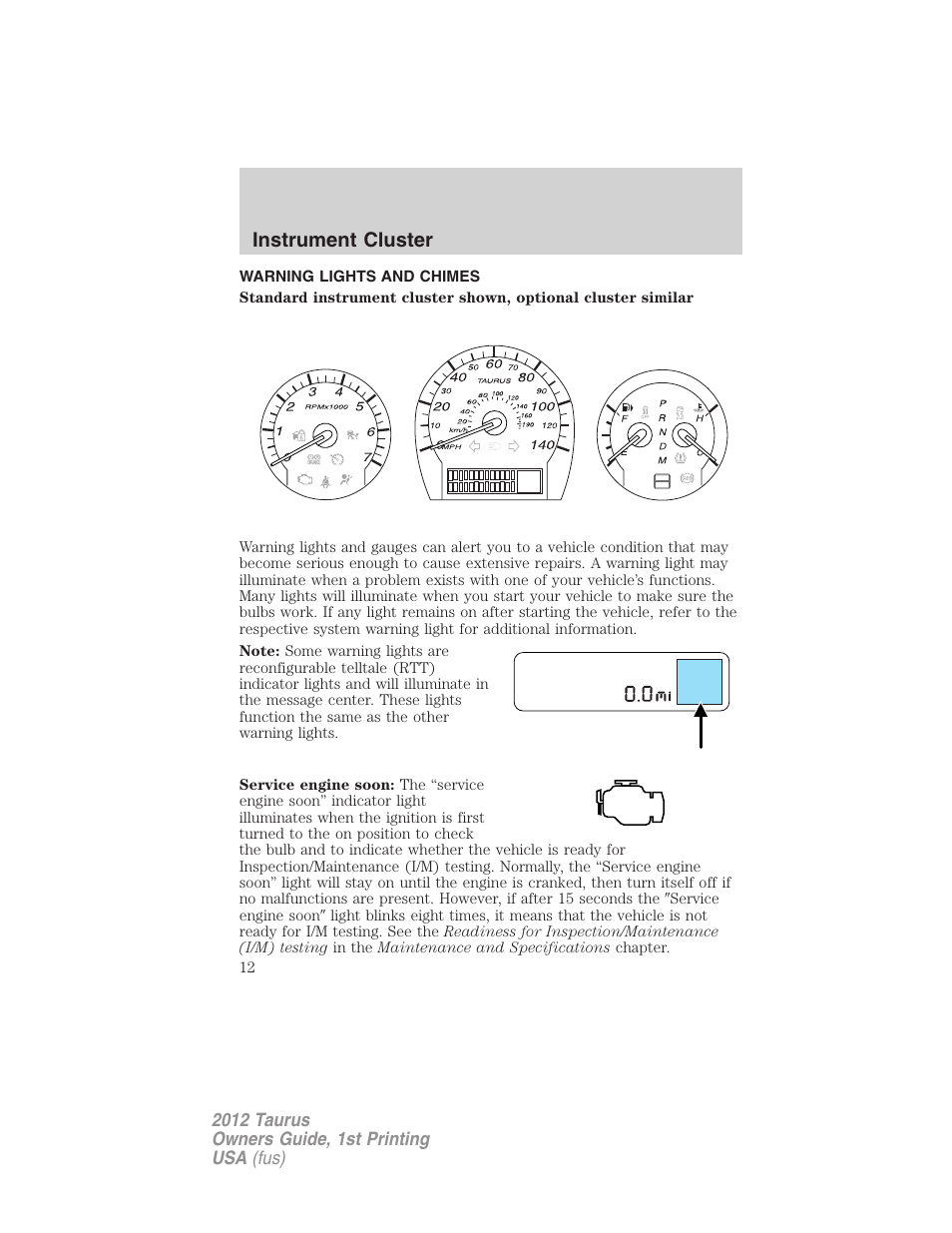 Instrument cluster, Warning lights and chimes | FORD 2012 Taurus v.1 User Manual | Page 12 / 406