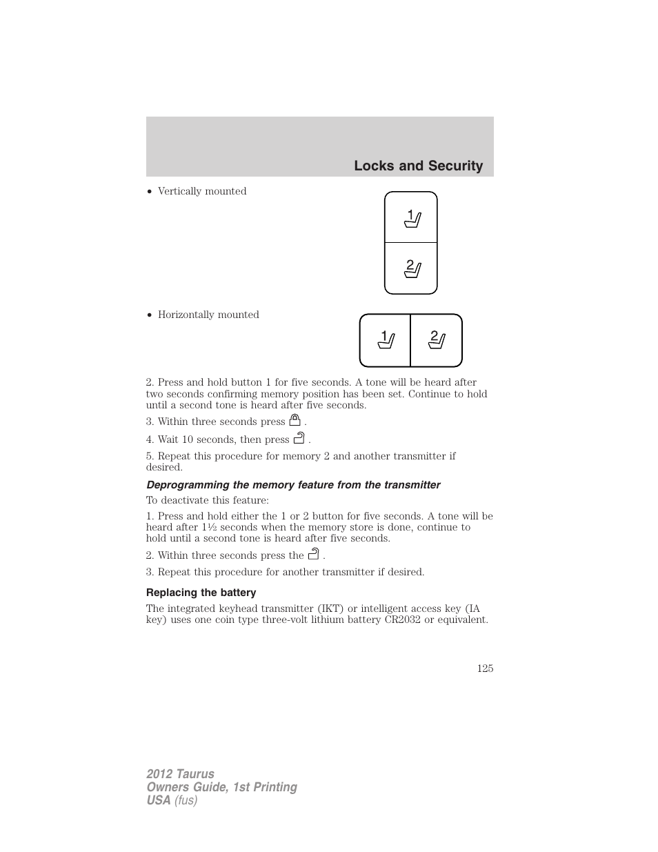 Replacing the battery, Locks and security | FORD 2012 Taurus v.1 User Manual | Page 125 / 406