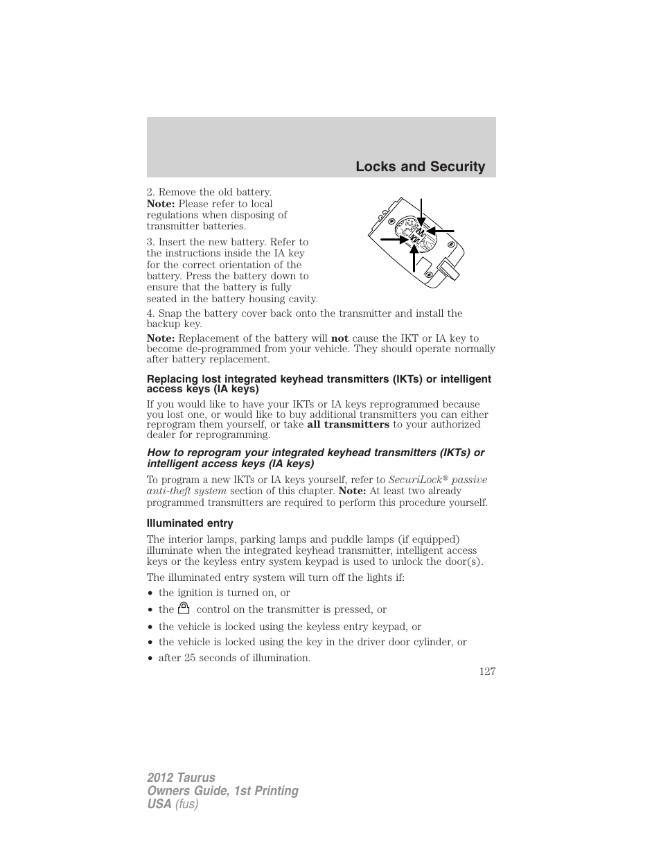 Illuminated entry, Locks and security | FORD 2012 Taurus v.1 User Manual | Page 127 / 406