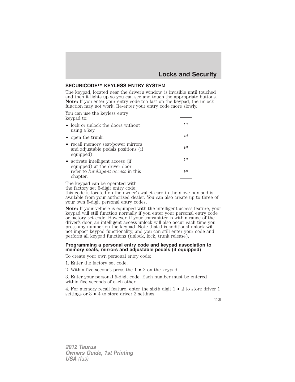 Securicode™ keyless entry system, Locks and security | FORD 2012 Taurus v.1 User Manual | Page 129 / 406