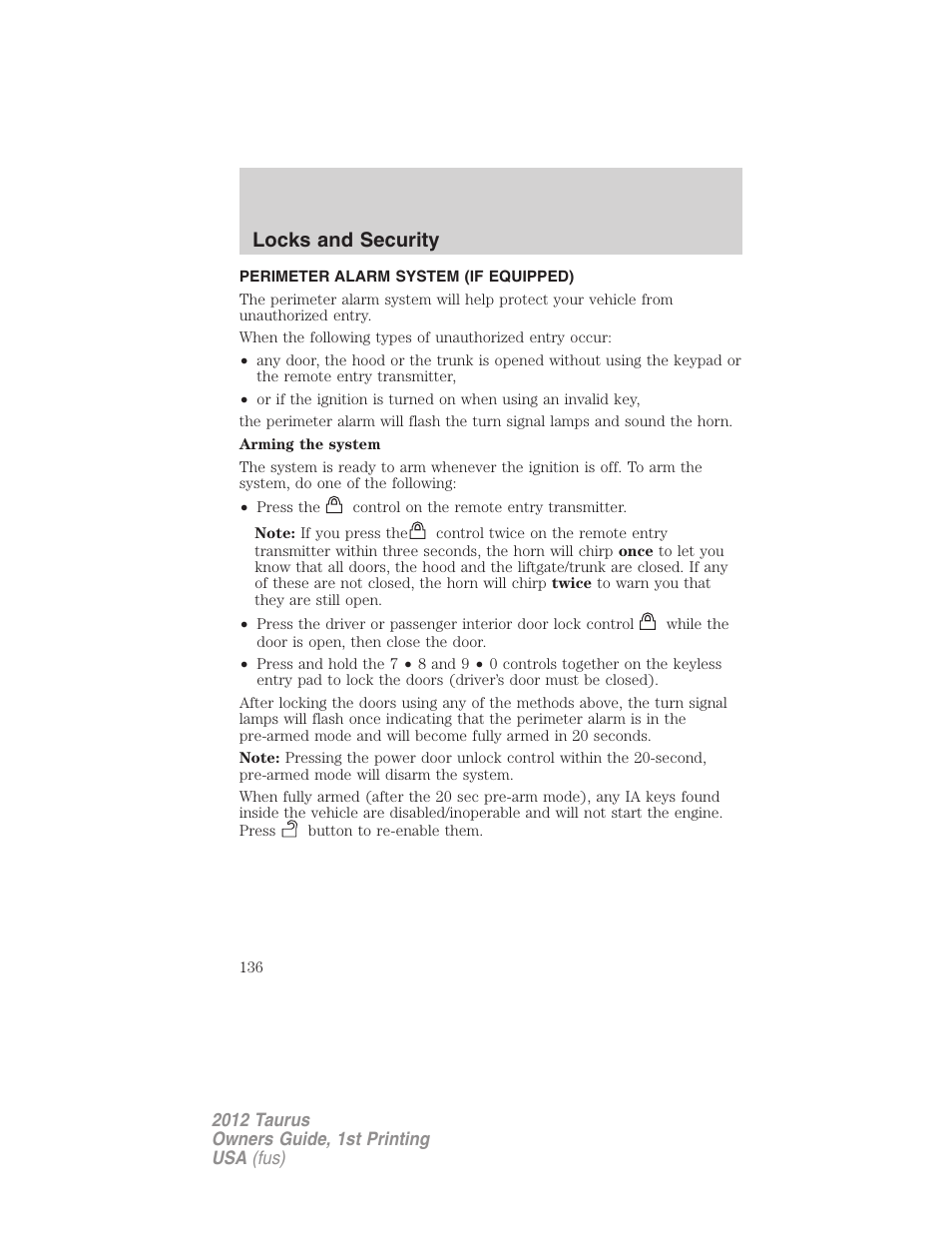 Perimeter alarm system (if equipped), Locks and security | FORD 2012 Taurus v.1 User Manual | Page 136 / 406