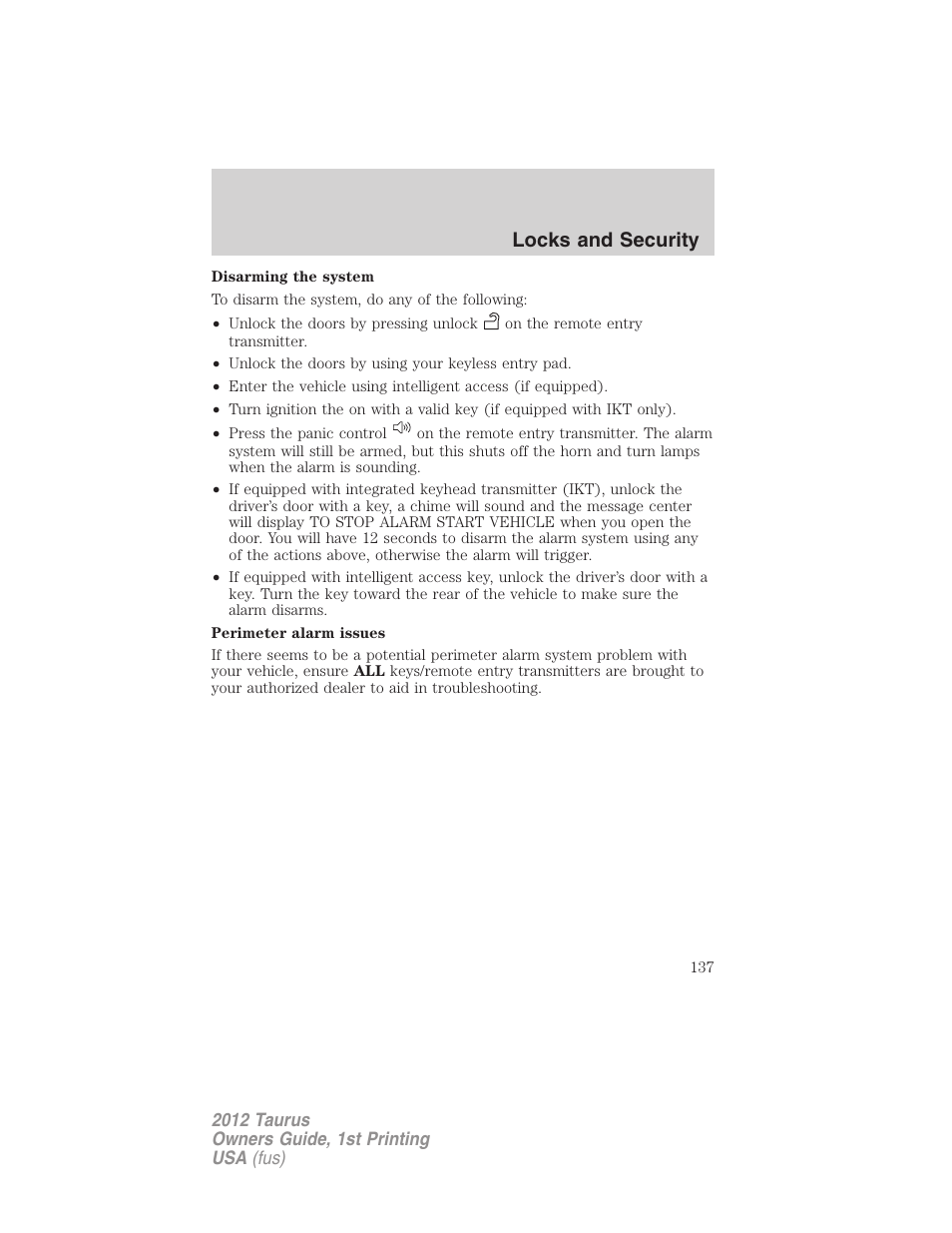 Locks and security | FORD 2012 Taurus v.1 User Manual | Page 137 / 406