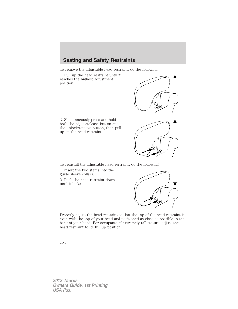 Seating and safety restraints | FORD 2012 Taurus v.1 User Manual | Page 154 / 406