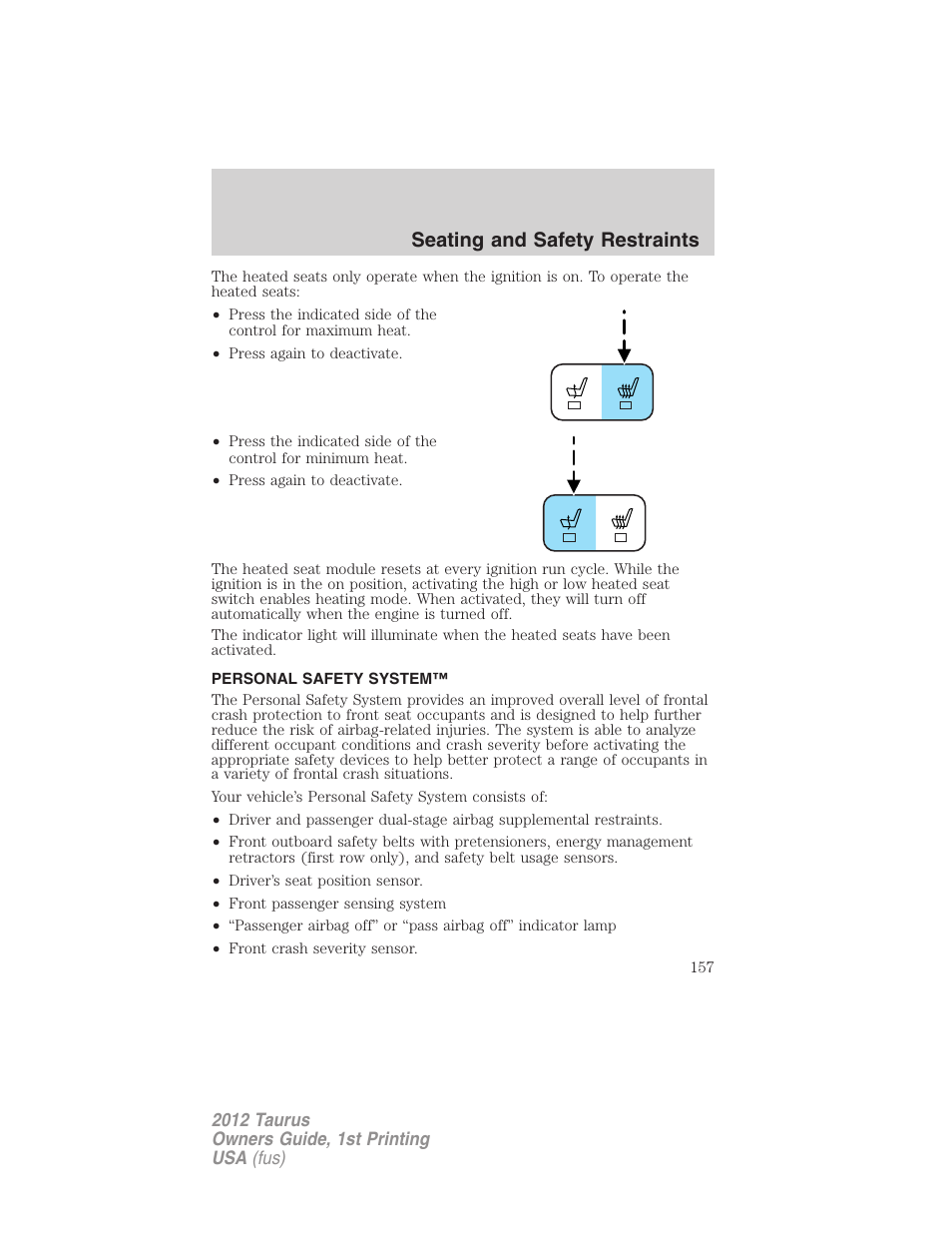 Personal safety system, Seating and safety restraints | FORD 2012 Taurus v.1 User Manual | Page 157 / 406