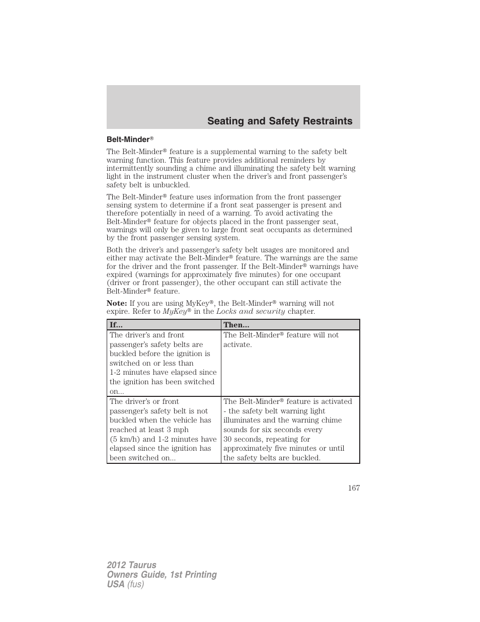 Belt-minder, Seating and safety restraints | FORD 2012 Taurus v.1 User Manual | Page 167 / 406