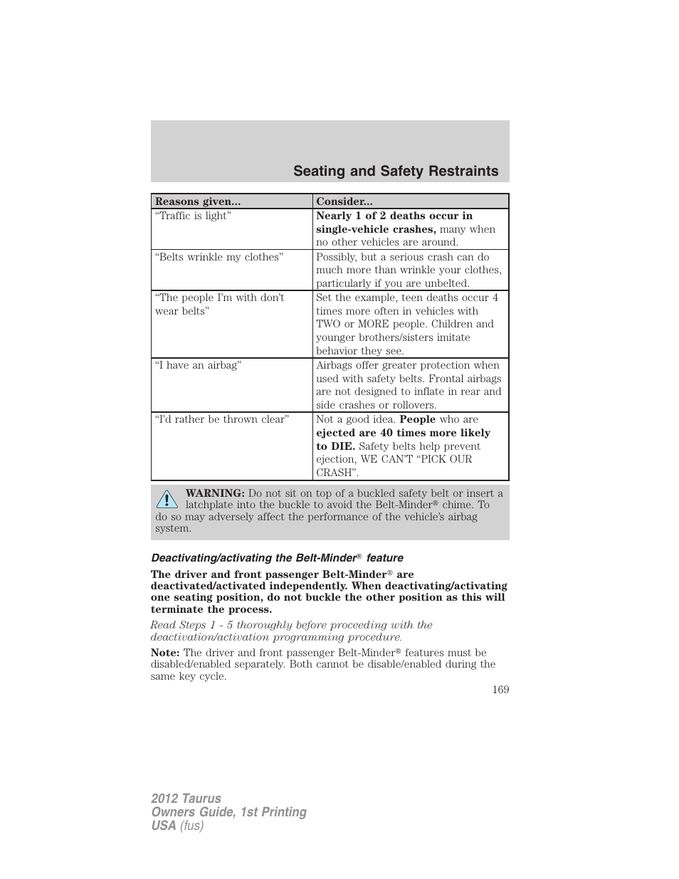 Deactivating/activating the belt-minder feature, Seating and safety restraints | FORD 2012 Taurus v.1 User Manual | Page 169 / 406