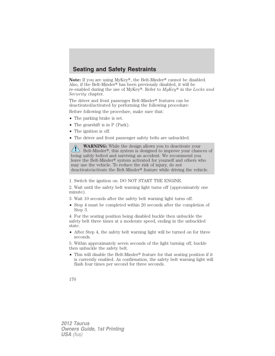 Seating and safety restraints | FORD 2012 Taurus v.1 User Manual | Page 170 / 406