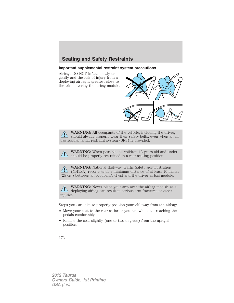 Seating and safety restraints | FORD 2012 Taurus v.1 User Manual | Page 172 / 406