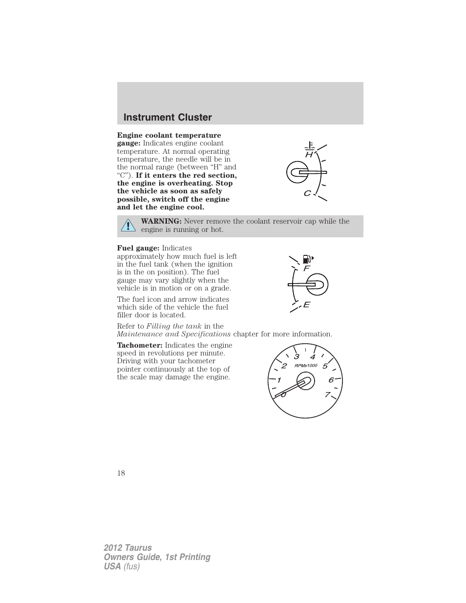 Instrument cluster | FORD 2012 Taurus v.1 User Manual | Page 18 / 406