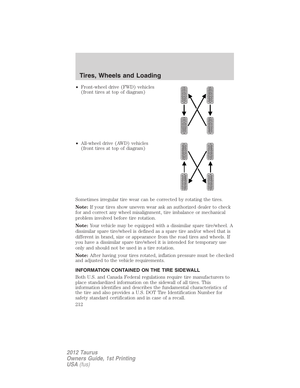 Information contained on the tire sidewall, Tires, wheels and loading | FORD 2012 Taurus v.1 User Manual | Page 212 / 406