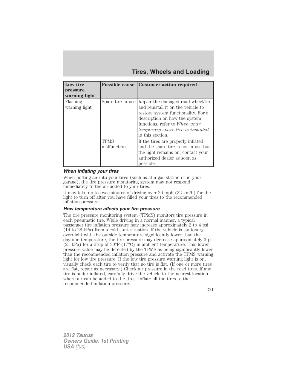 When inflating your tires, How temperature affects your tire pressure, Tires, wheels and loading | FORD 2012 Taurus v.1 User Manual | Page 221 / 406