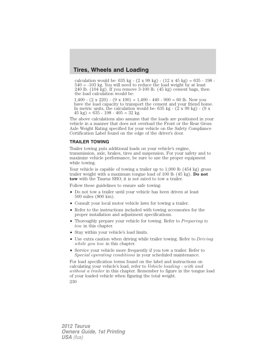 Trailer towing, Tires, wheels and loading | FORD 2012 Taurus v.1 User Manual | Page 230 / 406