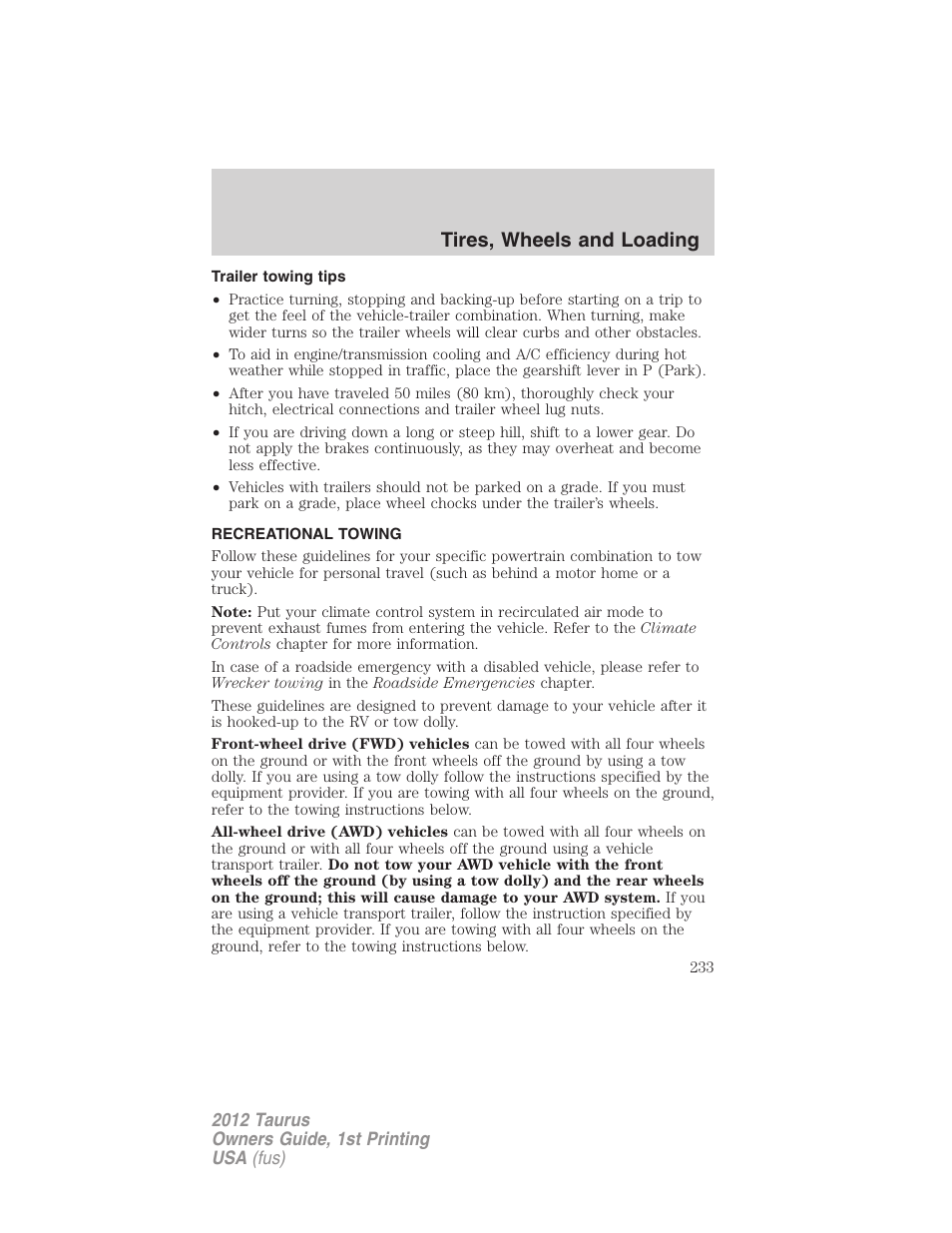 Trailer towing tips, Recreational towing, Tires, wheels and loading | FORD 2012 Taurus v.1 User Manual | Page 233 / 406