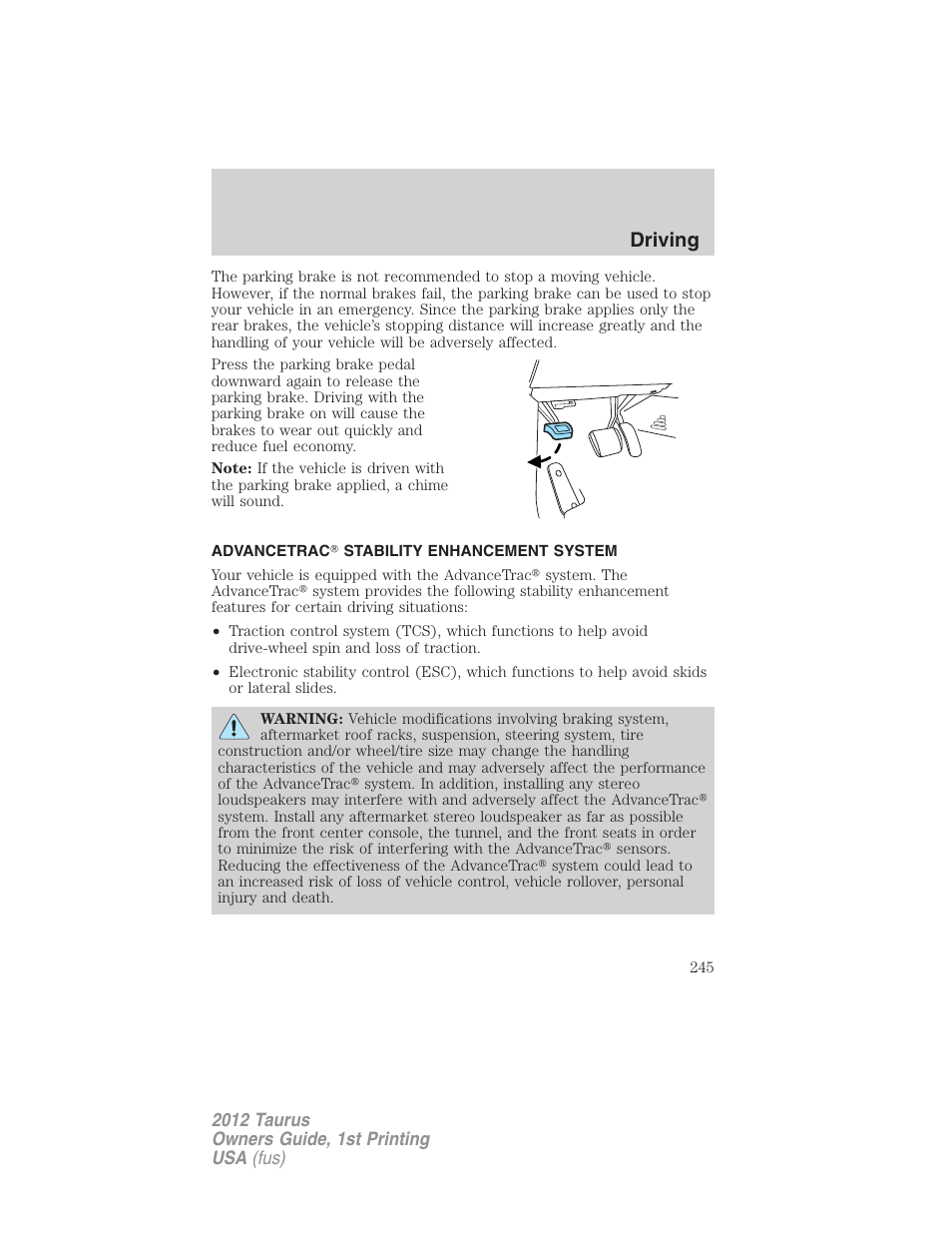 Advancetrac stability enhancement system, Advancetrac, Driving | FORD 2012 Taurus v.1 User Manual | Page 245 / 406