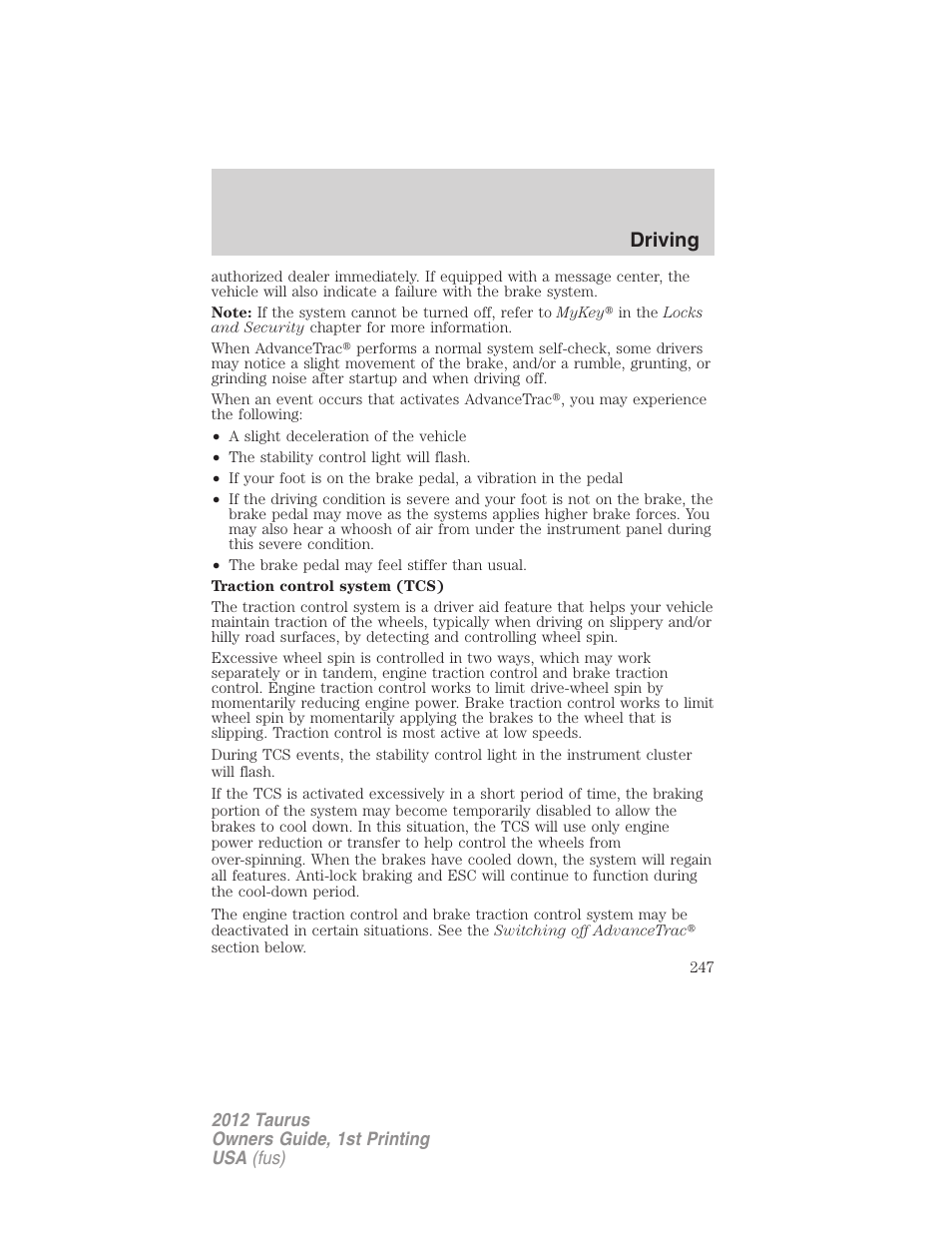 Driving | FORD 2012 Taurus v.1 User Manual | Page 247 / 406