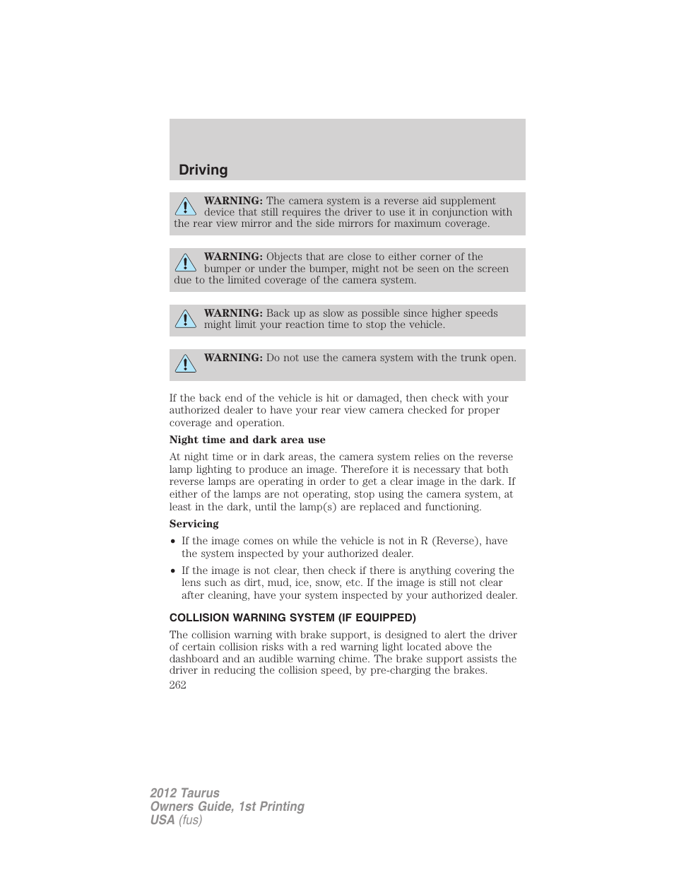 Collision warning system (if equipped), Driving | FORD 2012 Taurus v.1 User Manual | Page 262 / 406