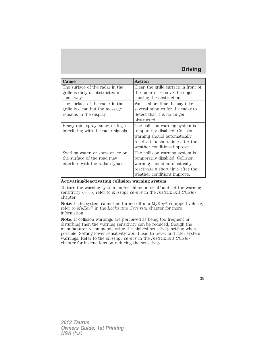 Driving | FORD 2012 Taurus v.1 User Manual | Page 265 / 406