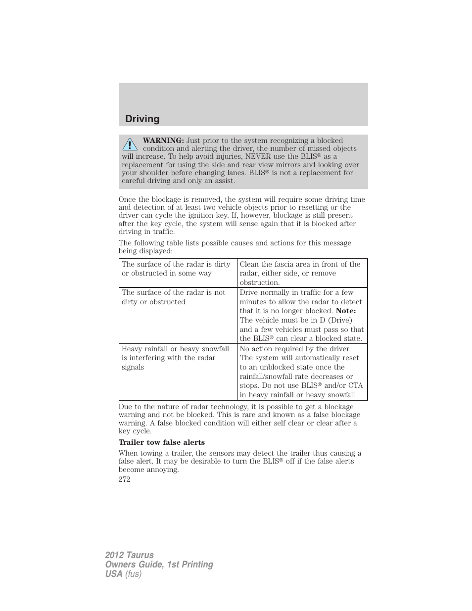 Driving | FORD 2012 Taurus v.1 User Manual | Page 272 / 406