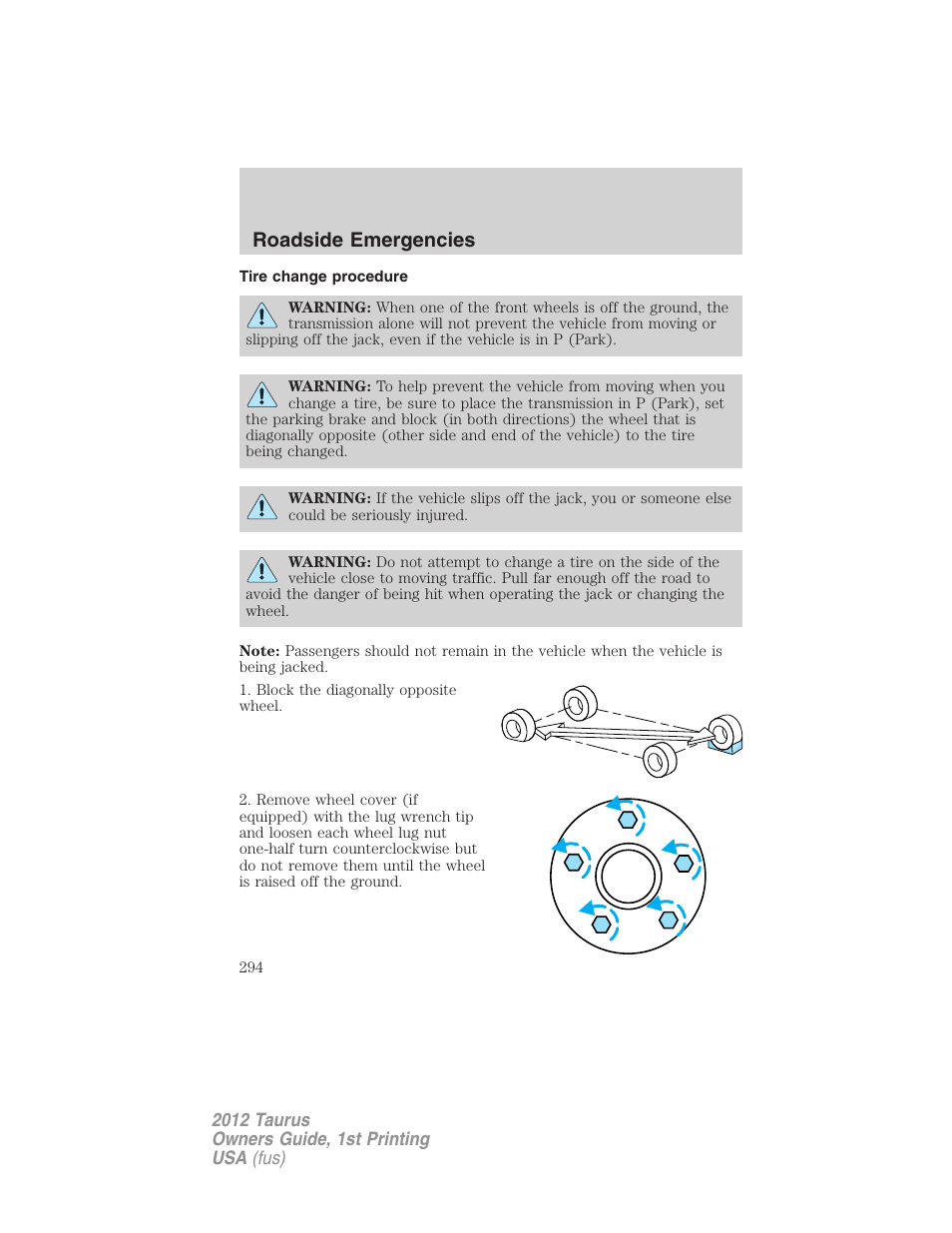 Tire change procedure, Roadside emergencies | FORD 2012 Taurus v.1 User Manual | Page 294 / 406