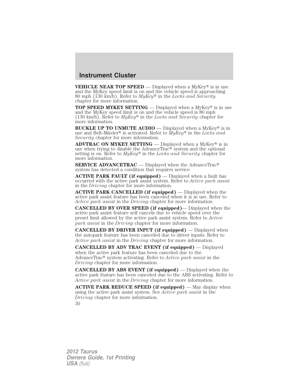 Instrument cluster | FORD 2012 Taurus v.1 User Manual | Page 30 / 406