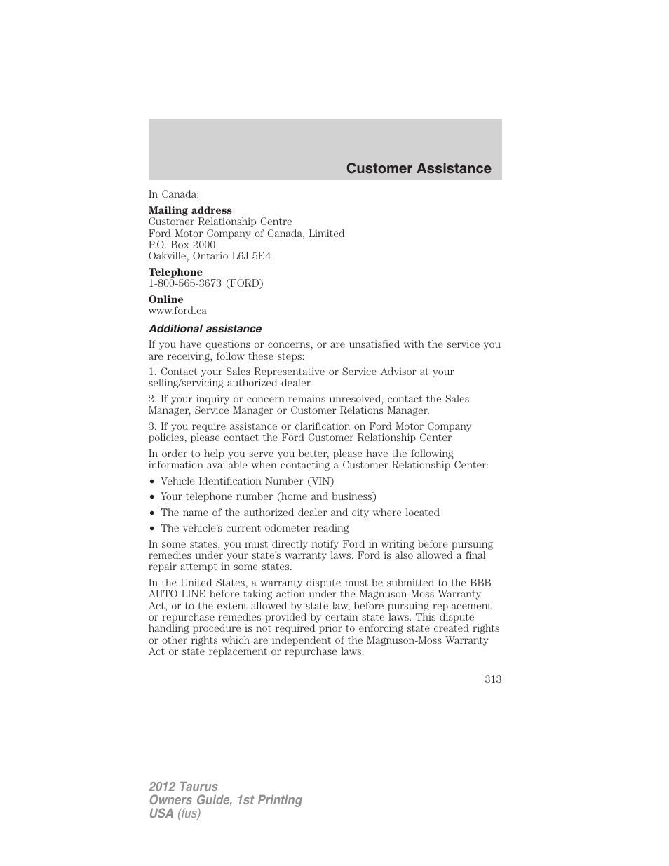 Additional assistance, Customer assistance | FORD 2012 Taurus v.1 User Manual | Page 313 / 406