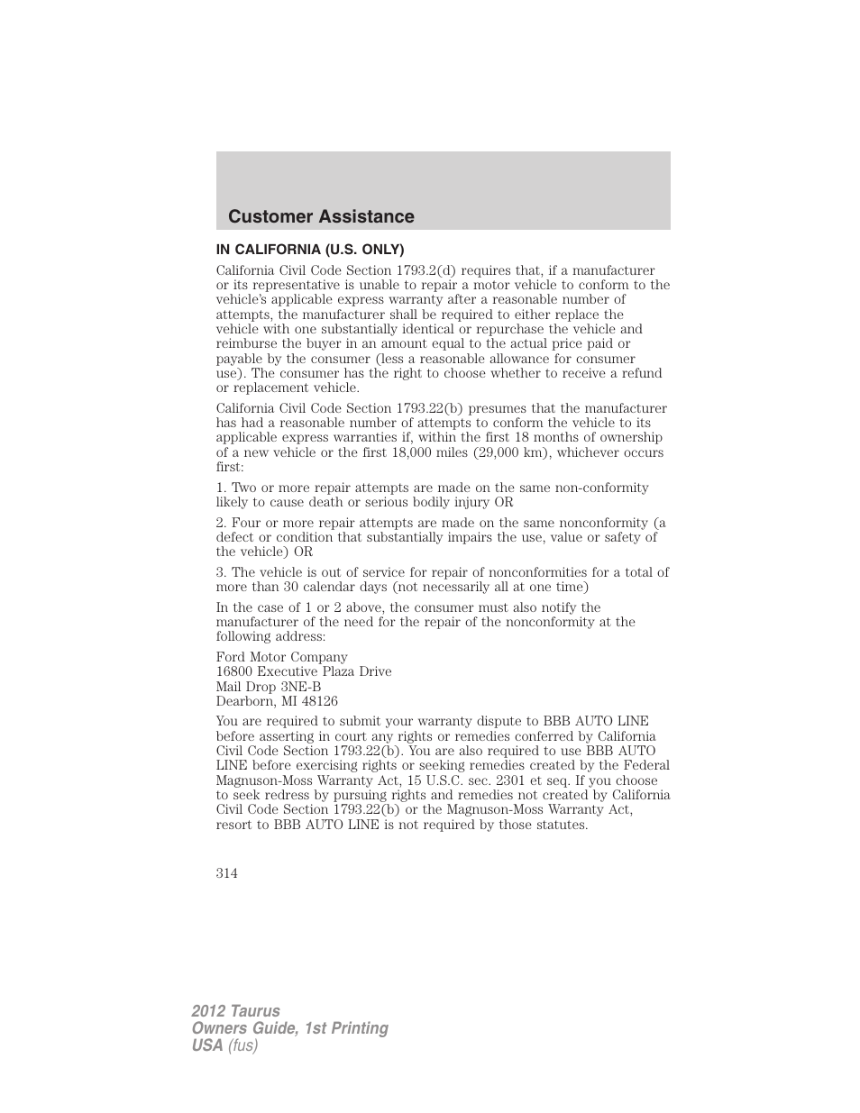 In california (u.s. only), Customer assistance | FORD 2012 Taurus v.1 User Manual | Page 314 / 406