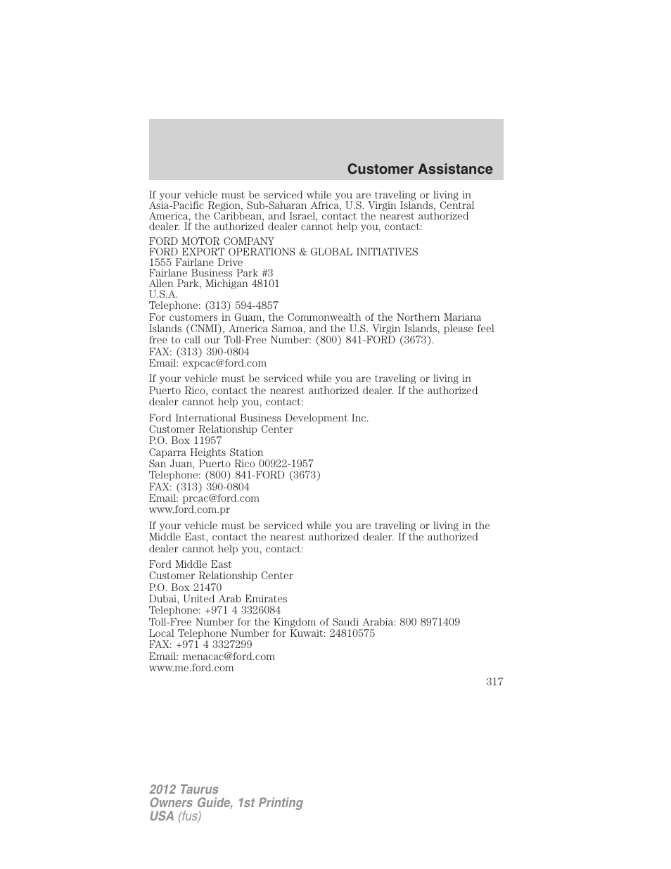 Customer assistance | FORD 2012 Taurus v.1 User Manual | Page 317 / 406