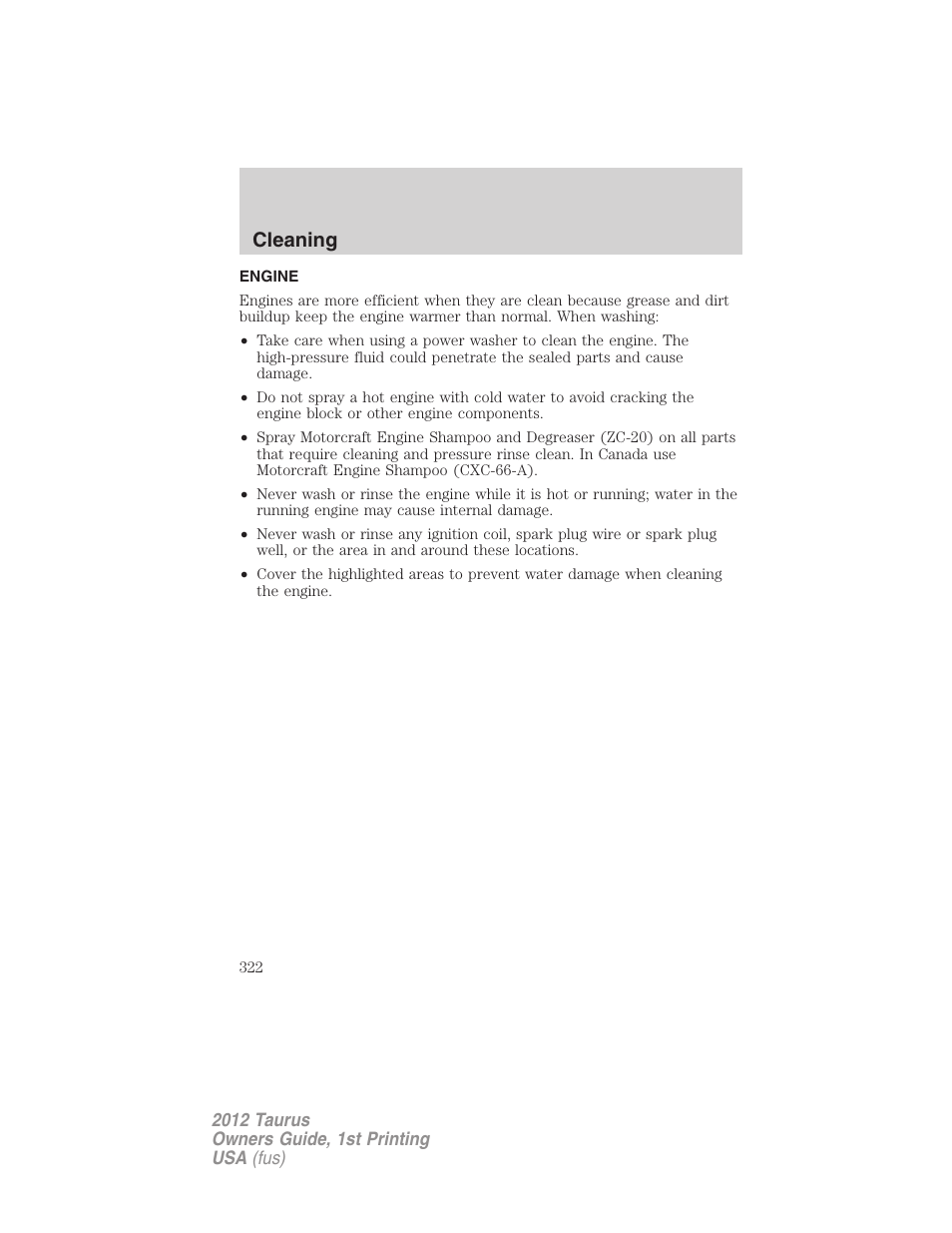 Engine, Cleaning | FORD 2012 Taurus v.1 User Manual | Page 322 / 406