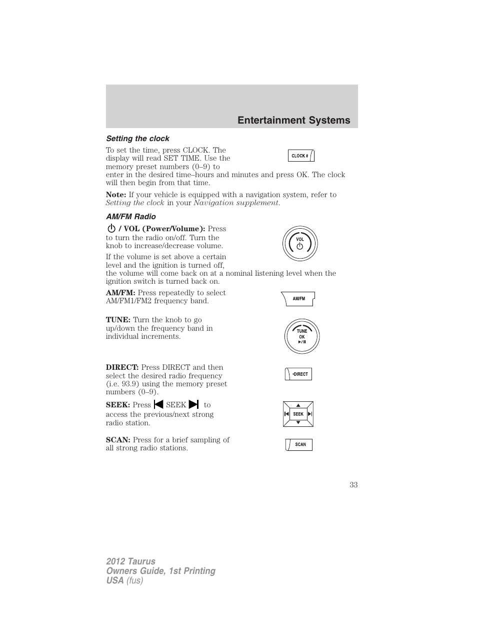 Setting the clock, Am/fm radio, Entertainment systems | FORD 2012 Taurus v.1 User Manual | Page 33 / 406