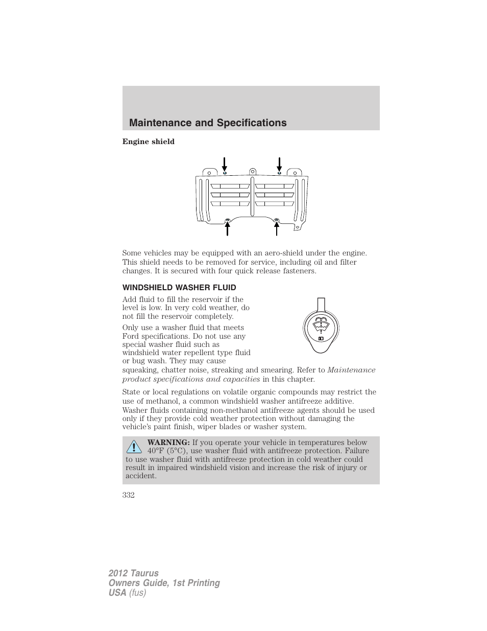 Windshield washer fluid, Maintenance and specifications | FORD 2012 Taurus v.1 User Manual | Page 332 / 406