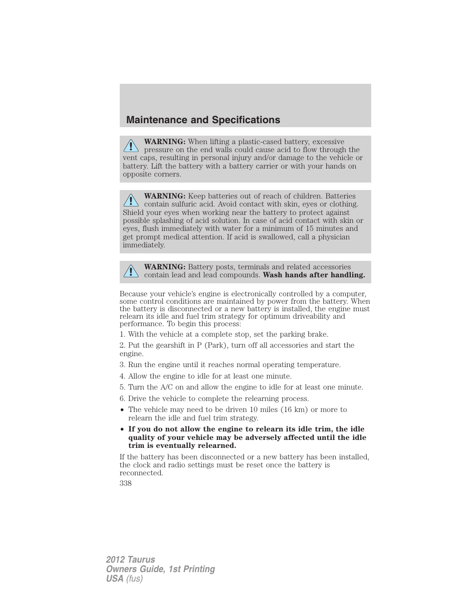 Maintenance and specifications | FORD 2012 Taurus v.1 User Manual | Page 338 / 406