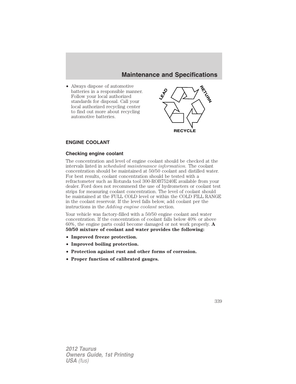 Engine coolant, Checking engine coolant, Maintenance and specifications | FORD 2012 Taurus v.1 User Manual | Page 339 / 406