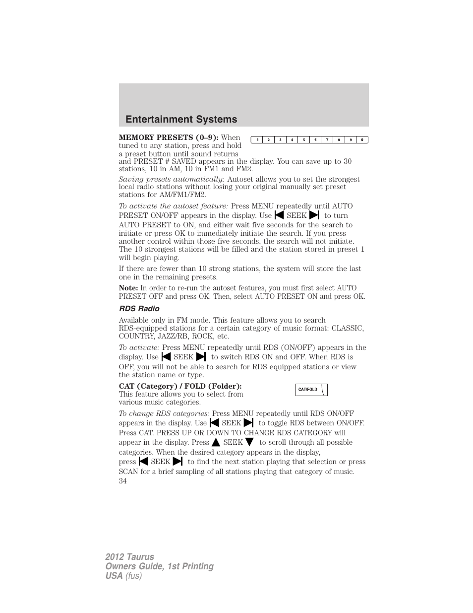 Rds radio, Entertainment systems | FORD 2012 Taurus v.1 User Manual | Page 34 / 406